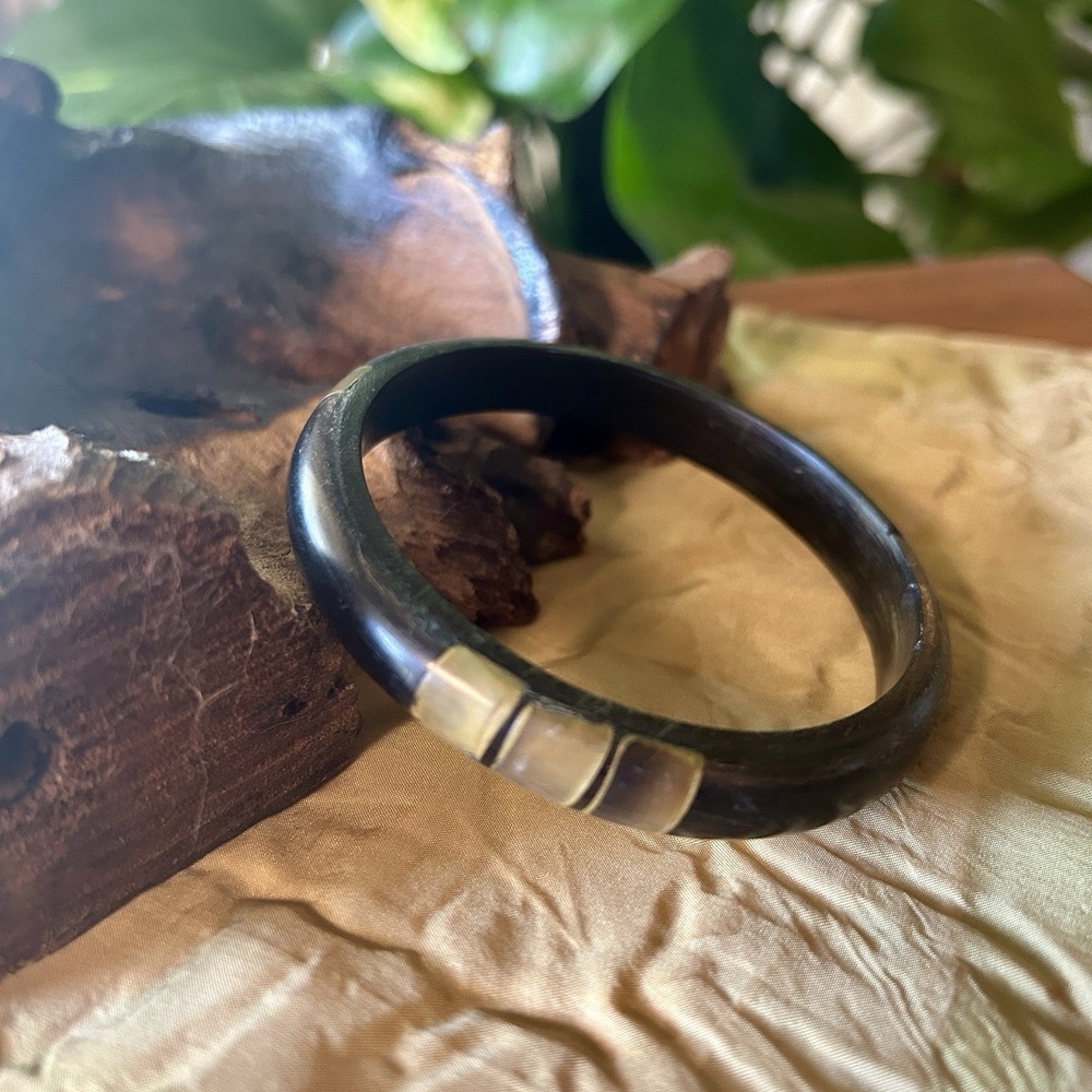 VTG Buffalo Horn Mosaic Inlay Bangle Bracelet Black Brown Cream Boho Minimalist
